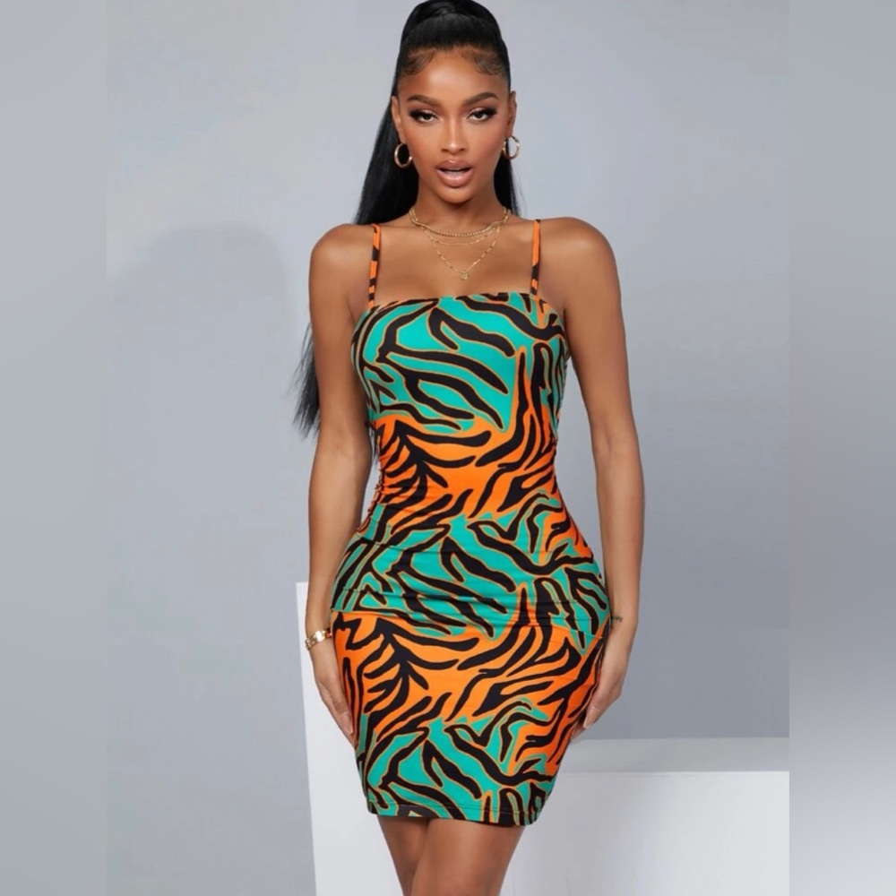 Animal print orange and turquoise dress L(8/10)